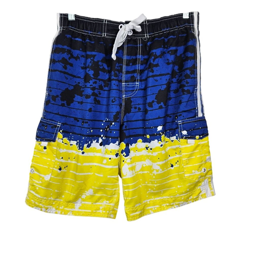 Wave Zone Mens M Blue/Yellow Drawstring Waist Swim Trunks Cargo Pockets Surf